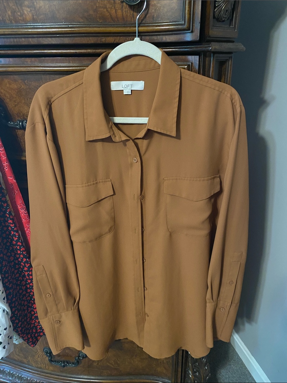 LOFT Brown Button-Front Long-Sleeve Blouse